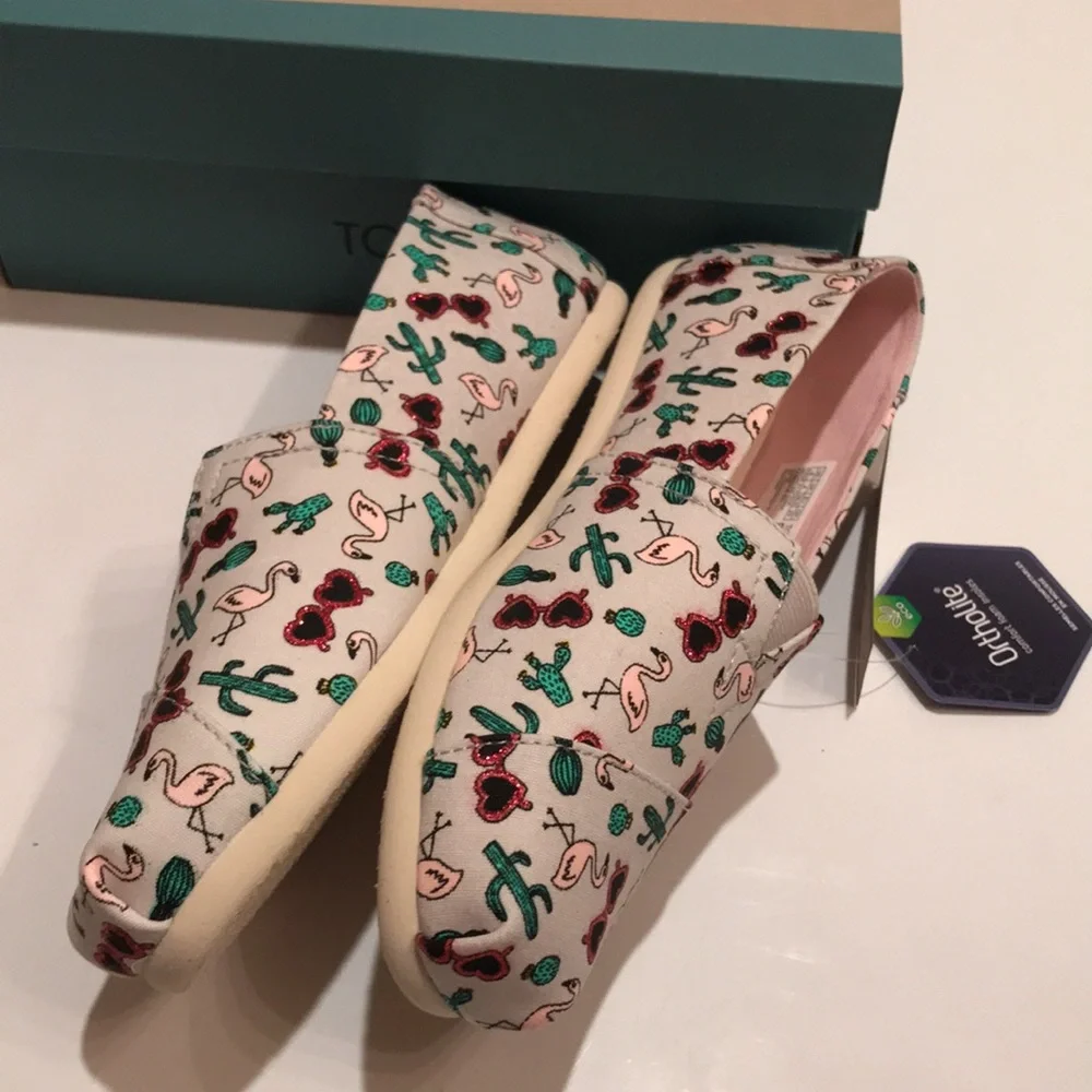 NWT TOM’S ALPARGATA CLOUD GREY FLAMINGO SUMMER VACAY CACTUS PRINT SHOES 6 womens - Picture 5 of 12